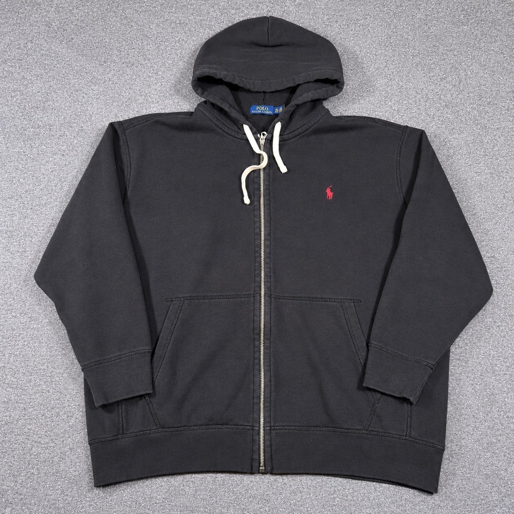 Polo Ralph Lauren Full Zip Hoodie Mens 2XB Black Red Pony Waffle Lined Hood